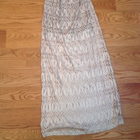 SANS SOUCI STRAPLESS SHEER LACE MAXI DRESS WOMENS S BEIGE LINED POLYESTER BOHO - Picture 6 of 12